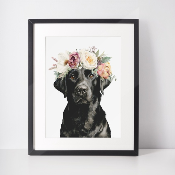 Watercolor Labrador Retriever with Flower Crown Portrait Wall Art Print Unframed - Picture 3 of 7